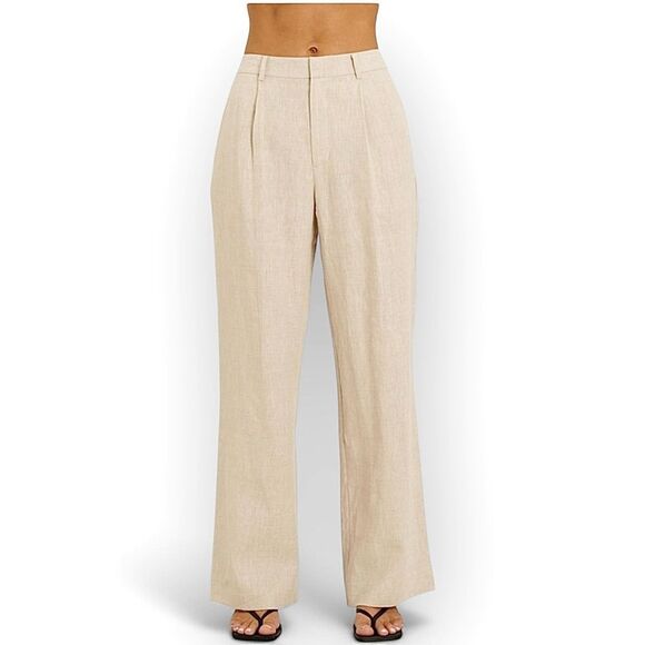 Faithful The Brand Linen Pants Pleated Stretch Waist High‎ Rise Size 8 Natural - Picture 2 of 16